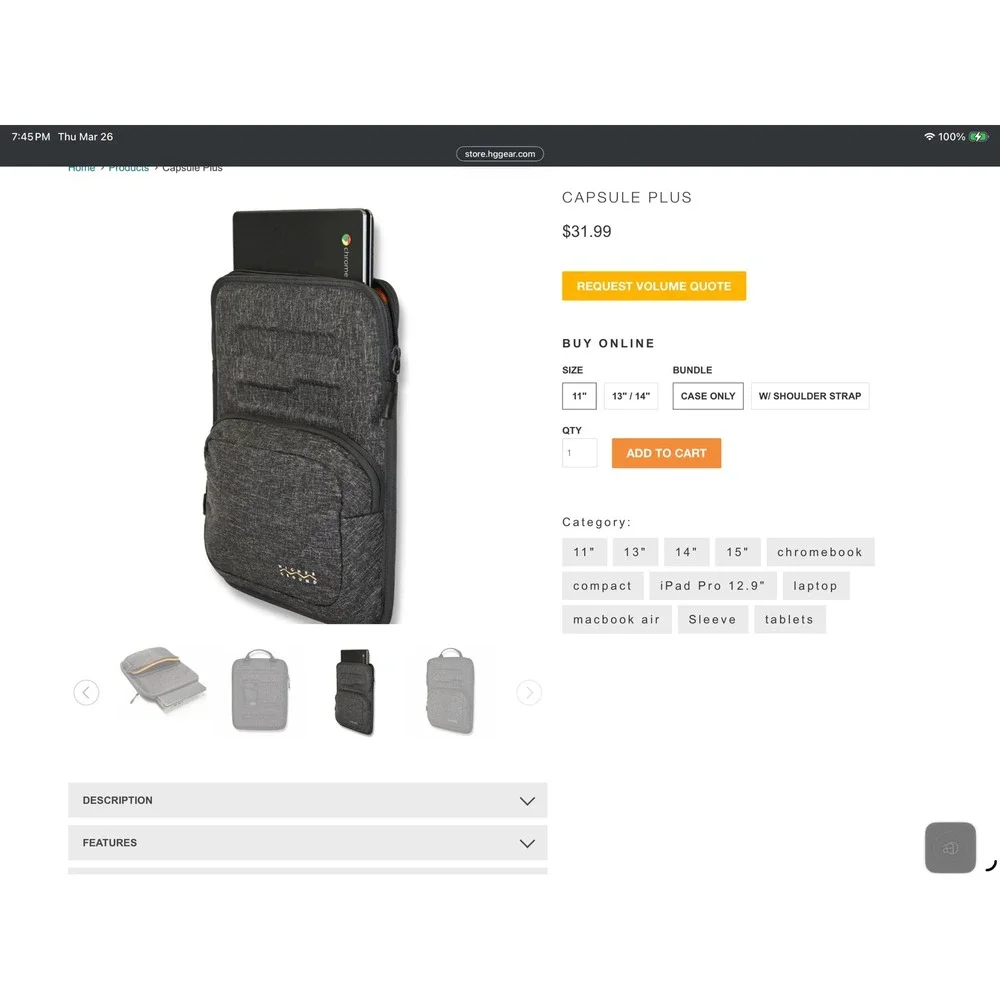 Higher Ground Capsule Plus Laptop Sleeve Case 11-14 inch Gray‎ Nylon Chromebook